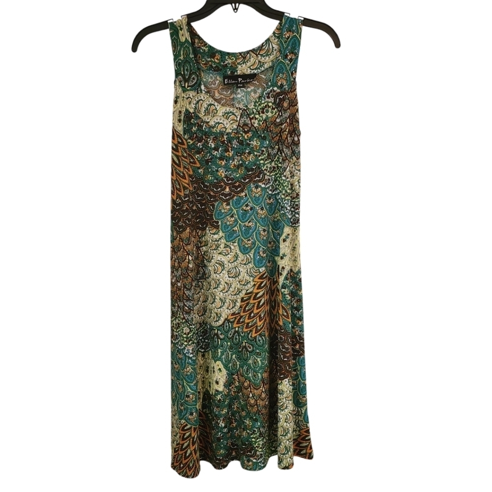 Ellen Parker Peacock Feather Print Sleeveless Midi Dress, Size Medium Petite